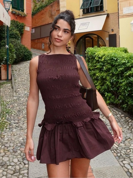 Peppermayo Dresses & Skirts - Peppermayo Garden Kisses Shirred Mini Dress in Chocolate - Size 10